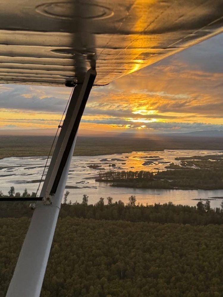 Sunset view over a river and forest from a small airplane.