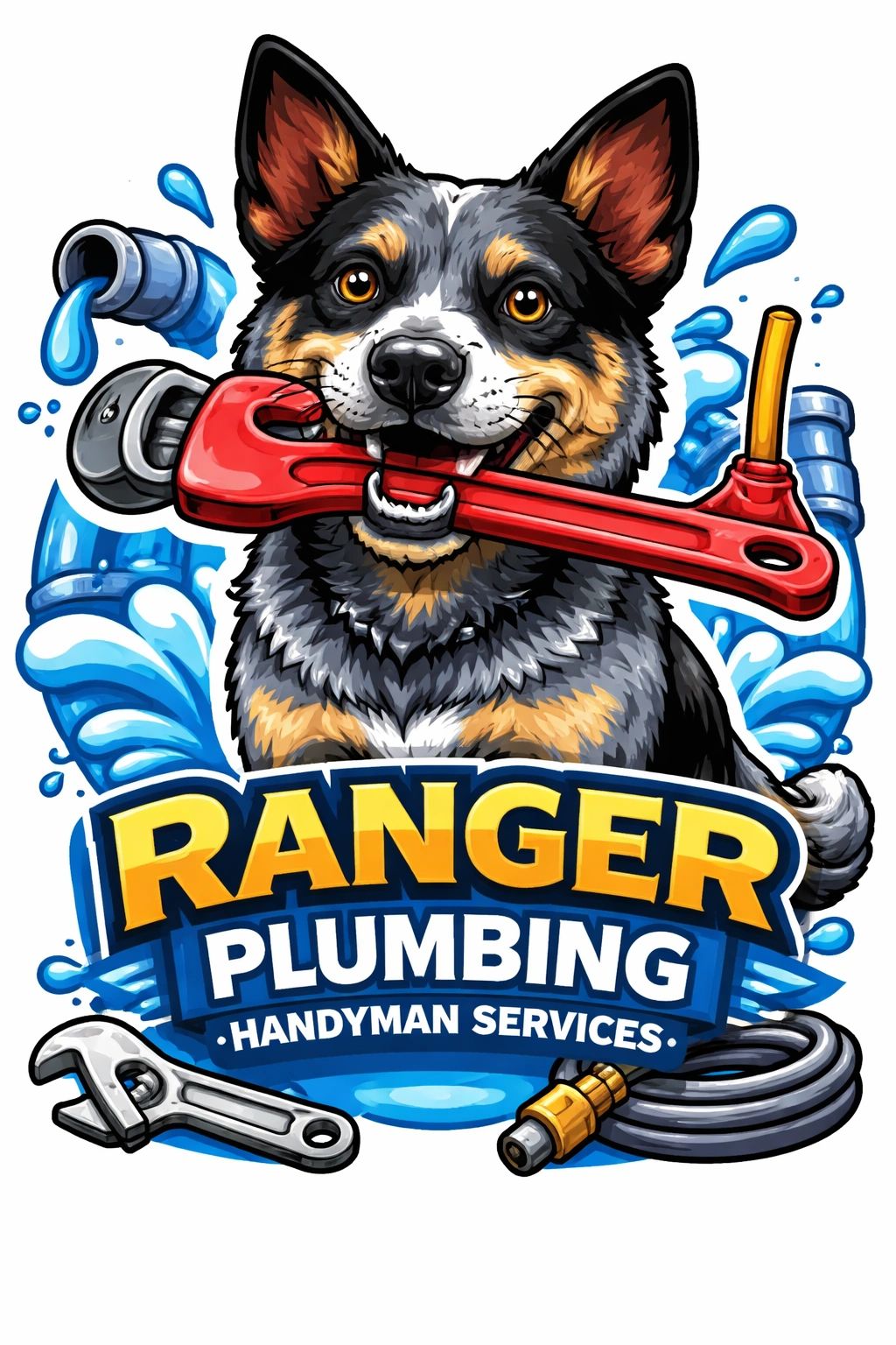 Happy dog holding a red wrench with plumbing tools and water splashes around.