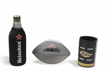 Branded football and beer bottle