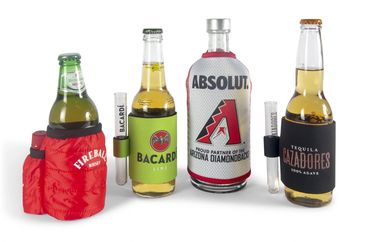 Branded bottles with colorful koozies