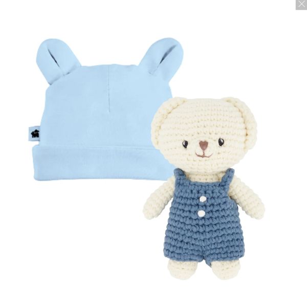 Crochet teddy bear and blue knit baby hat by Paper Cape Website