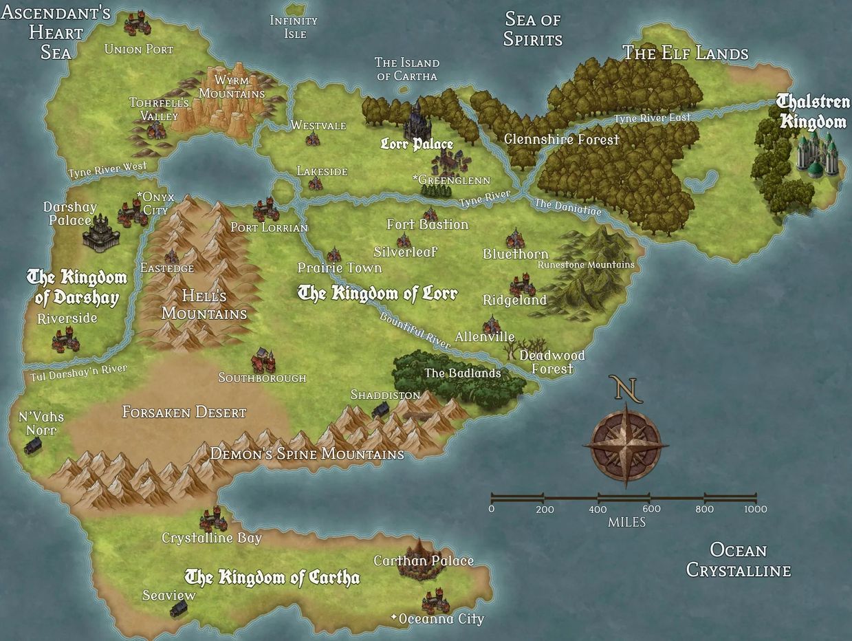 Map of the Continent of Lorr showing the major waterways and cities.