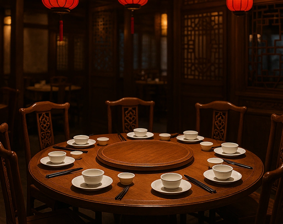 Traditional round wooden table set with white bowls, plates, and chopsticks under red lanterns.