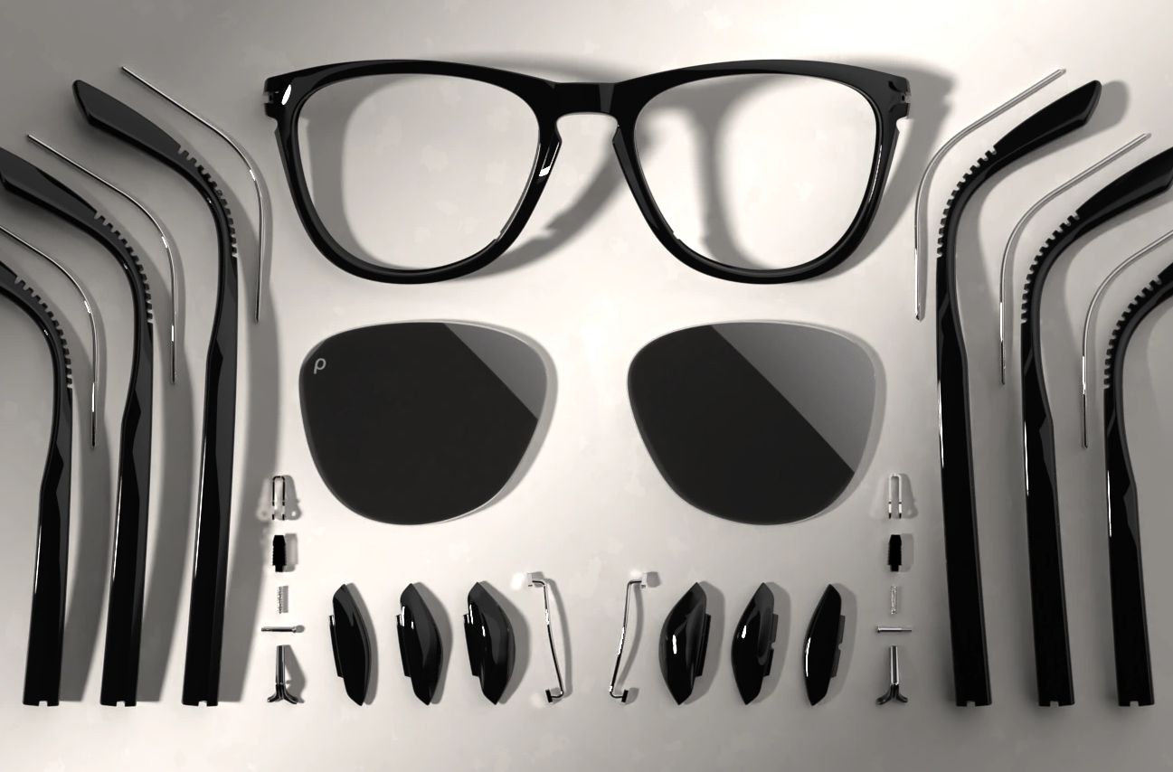 On The Surface for Knows Eyewear GEO-01L exploded view flat lay photography Keyshot rendering