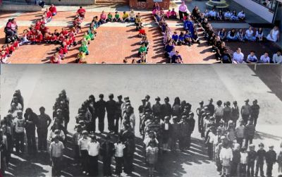 Two groups of people forming the letters 'AIM' in color and black-and-white photos.