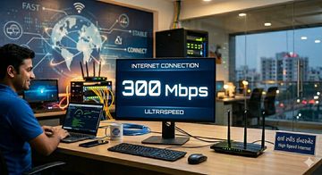 Technician testing a 300 Mbps internet connection in a modern office.