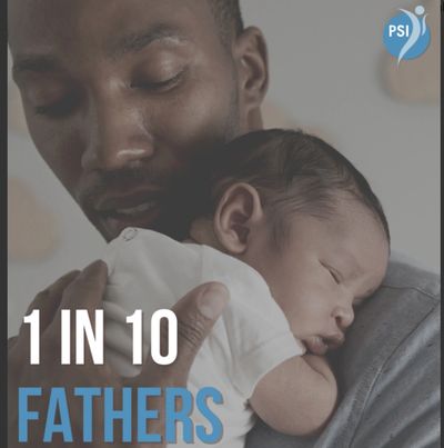 1 in 10 fathers experience postpartum depression. Dad holding a tiny baby on his shoulder.