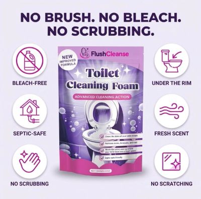 Toilet cleaning foam with no brush, bleach, or scrubbing needed.