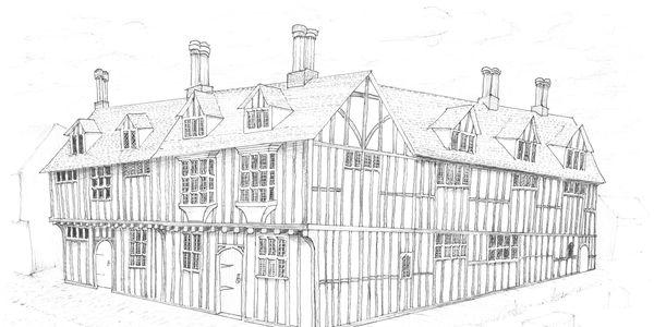 A conjectural view of the Three Cups Hostelry in Tudor times