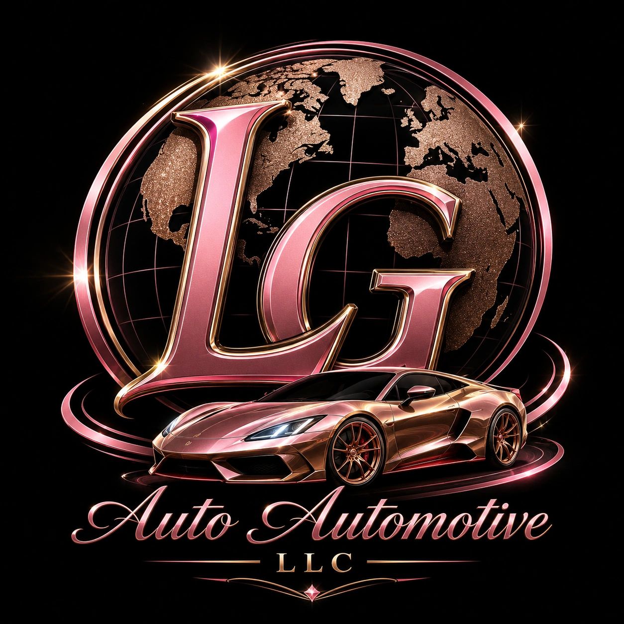 Shiny logo of LG Auto Automotive LLC with a sports car.