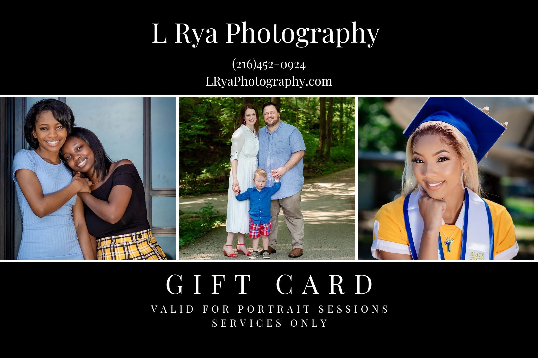L Rya Photography gift card featuring portrait session images, valid for photography services only.