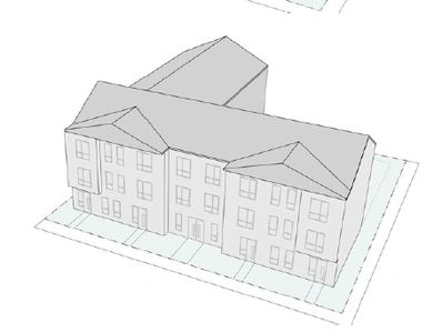 3D architectural model of a multi-unit residential building with pitched roofs.
