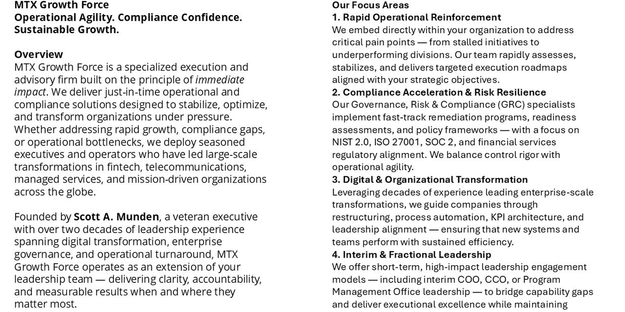 Overview and focus areas of MTX Growth Force, specializing in operational agility and compliance.