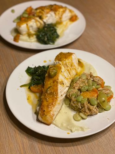 Seared Halibut, lima beans and crab meat