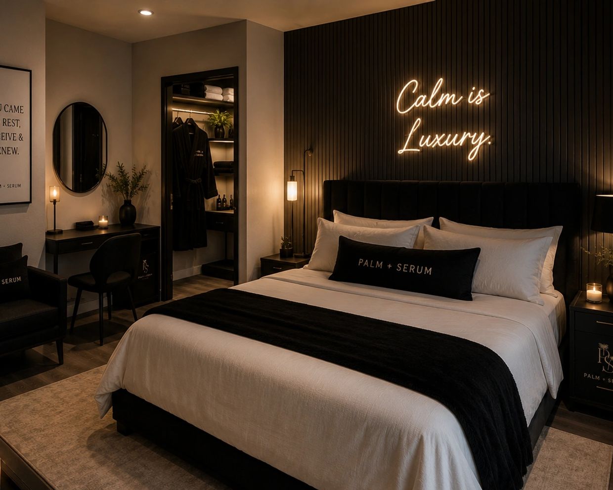 Luxurious bedroom with calming neon sign and elegant black and white decor.
