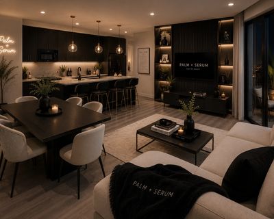 Modern living and dining area with warm lighting and sleek decor.