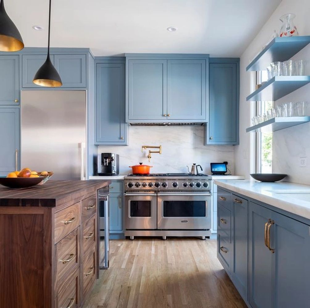 Baby blue cabinets and viking appliances