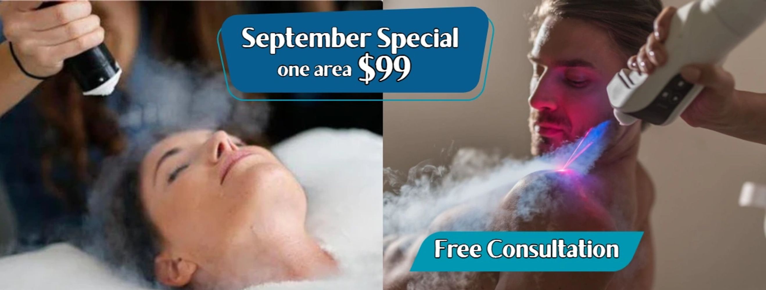Image of 2 targeted cryotherapy treatments: cryo facial and orthopedic recovery. Special offer of $99 for one area printed inside the images.