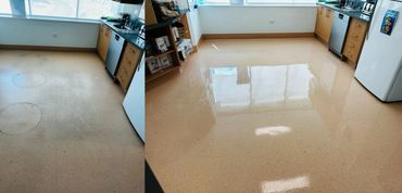 Before and after images of a kitchen floor showing a dramatic clean and polish.
