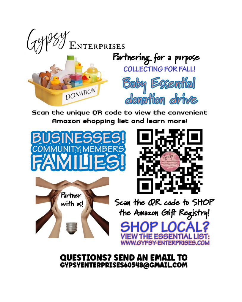 Flyer for Gypsy Enterprises' baby essential donation drive with QR code and contact details.