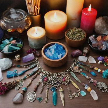 Blue crystals, jewelry and candles arranged in a circle on a table.