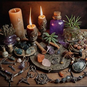 Colorful selection of crystals, jewelry and candles on a table.