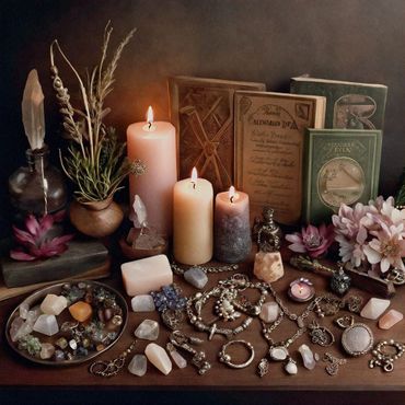 An artful display of books, candles, jewelry, crystals and flowers on a wooden table.