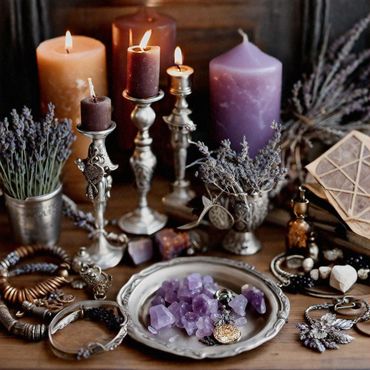 Purple toned candles, lavender and jewelry on a table.