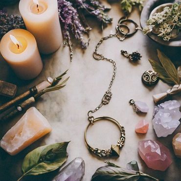 Candles, jewelry and dried herbs arranged on a table.