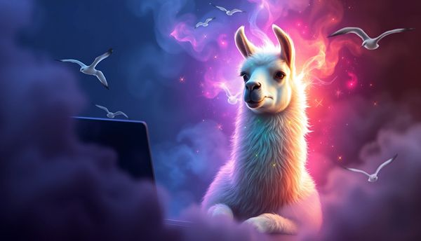 Llama is in a dreamland with birds and a computer.