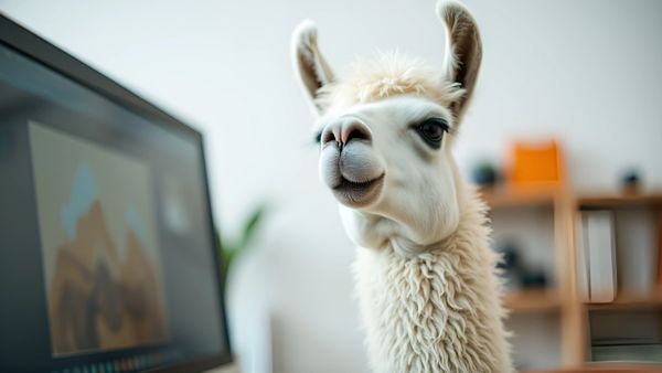 Llama at work with a computer