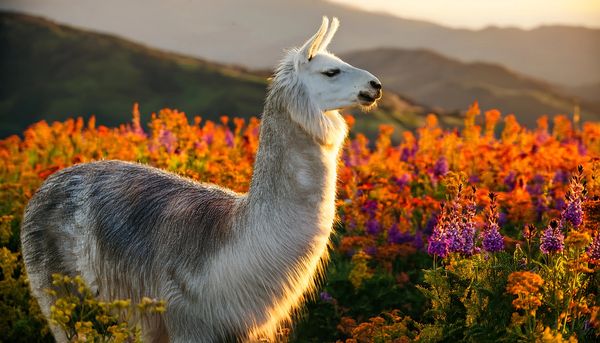 Llama in a beautiful field of flowers