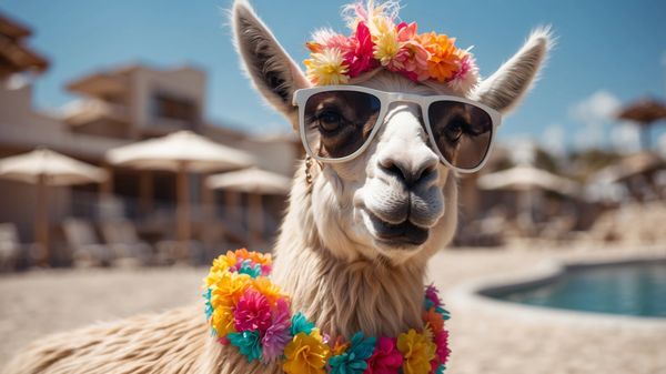 Llama on vacation with a flower headband
