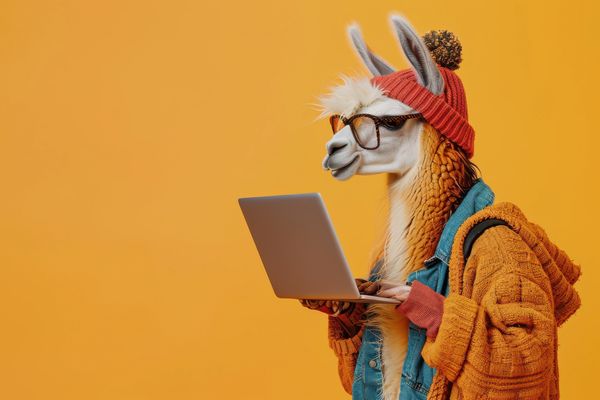 Llama with a beenie looking at her laptop