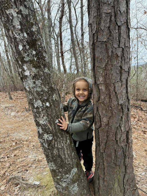 Smiling child between two trees in a forest.