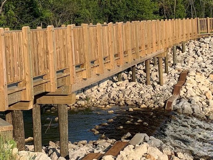 10-ton pile supported timber bridge with clear span Lake County Forest Preserve Picket Handrail