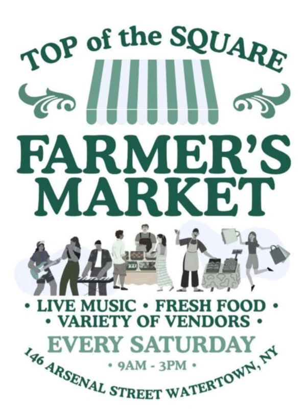 Top of the Square Farmer's Market poster with live music and fresh food every Saturday.
