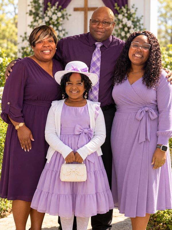 Family dressed in purple posing happily outdoors.