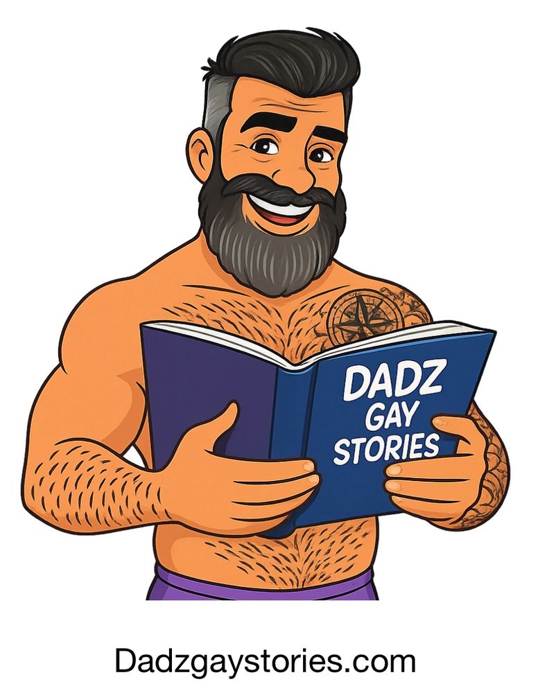 Smiling muscular man with beard reading a book titled 'Dadz Gay Stories'.