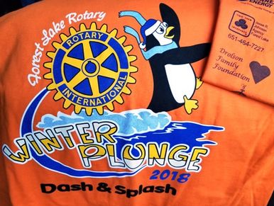 Forest Lake Rotary Winter Plunge t-shirt displayed to show the Drolson Family Foundation logo.