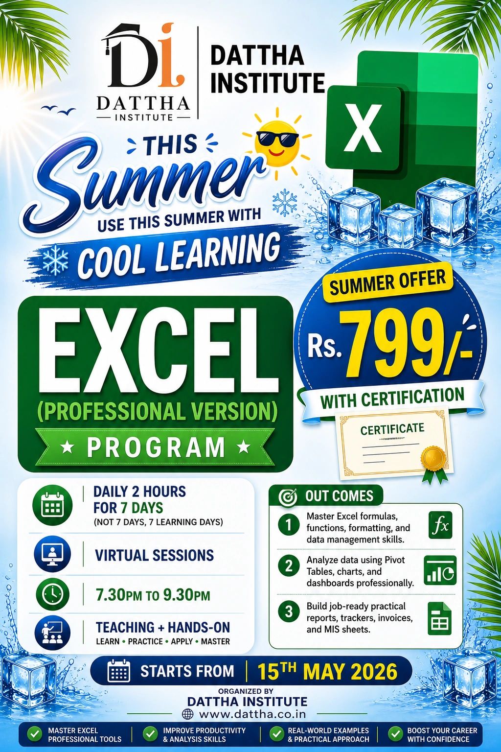 Dattha Institute's Excel Professional Summer Program with certification for Rs. 799.