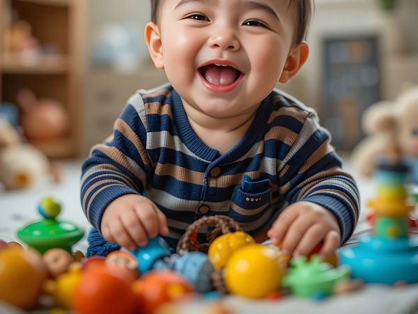 Happy baby playing with colorful toys, smiling brightly.