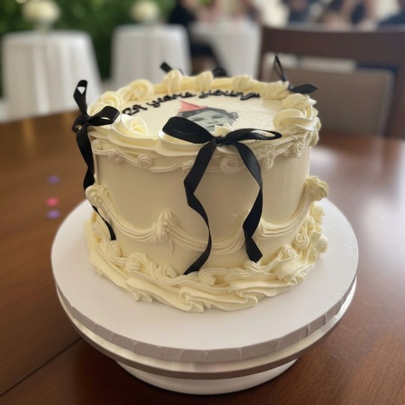 Elegant white cake with black ribbon bows and a photo topper celebrating 21 years.