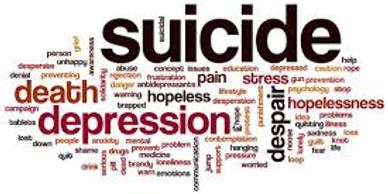 Word cloud highlighting terms related to suicide and depression.