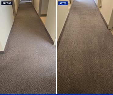 Hallway carpet before and after cleaning.