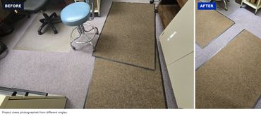 Work-area mats before and after cleaning.