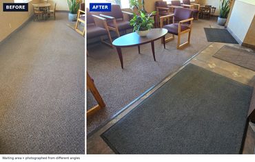 Waiting-area carpet before and after cleaning.