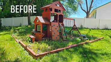 Wooden playset before the repair project, with the original Before label visible.