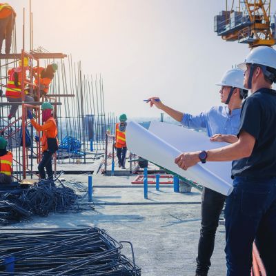 Construction workers and engineers reviewing plans on site.