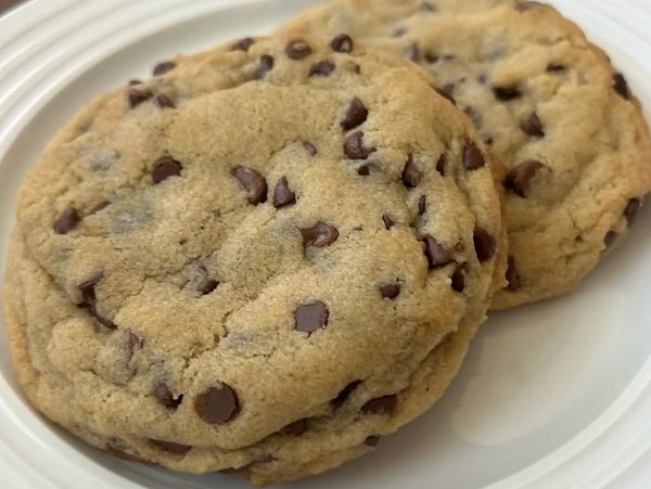 Two chocolate chip cookies on a white plate.